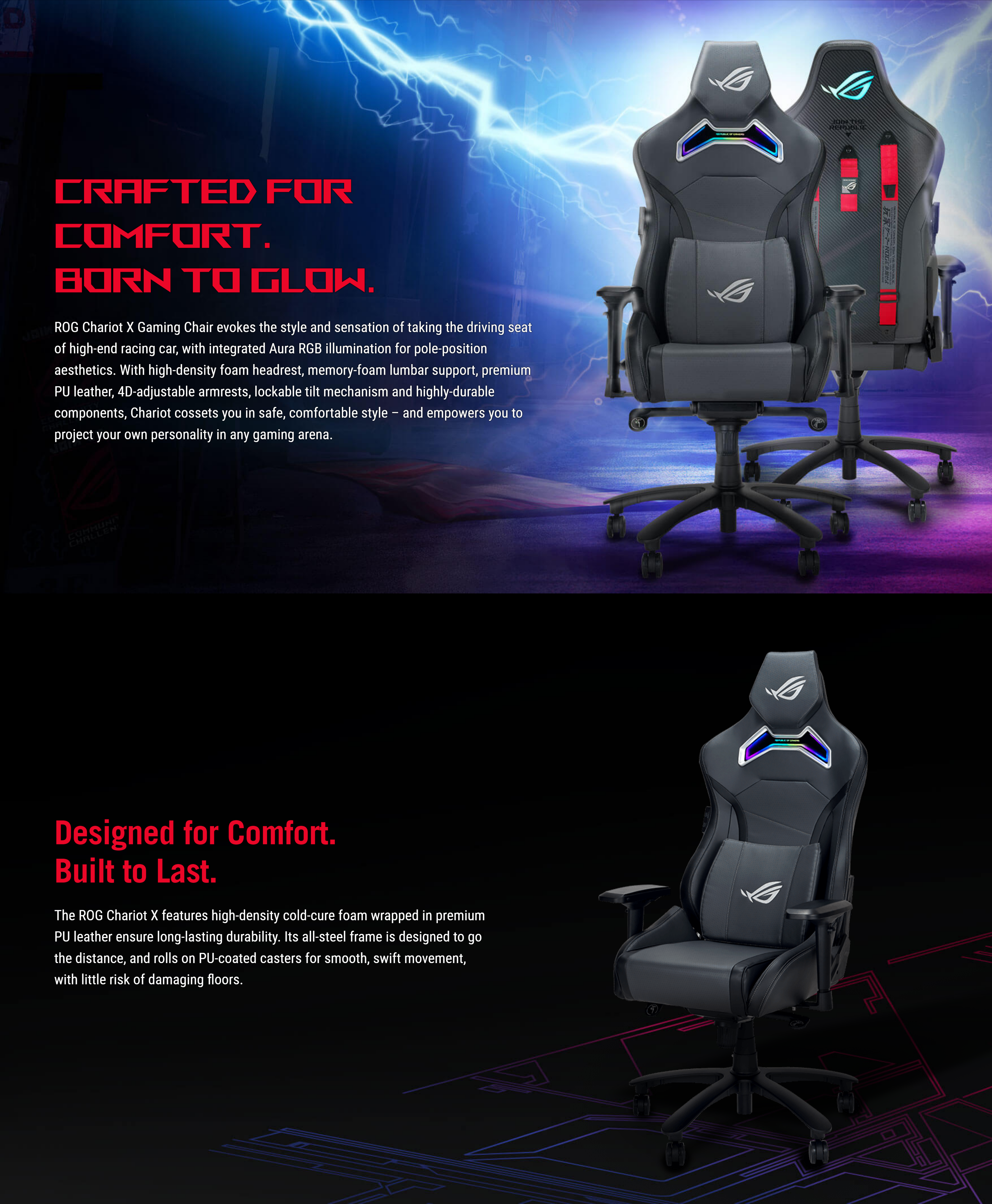 A large marketing image providing additional information about the product ASUS ROG Chariot X Gaming Chair - Black - Additional alt info not provided